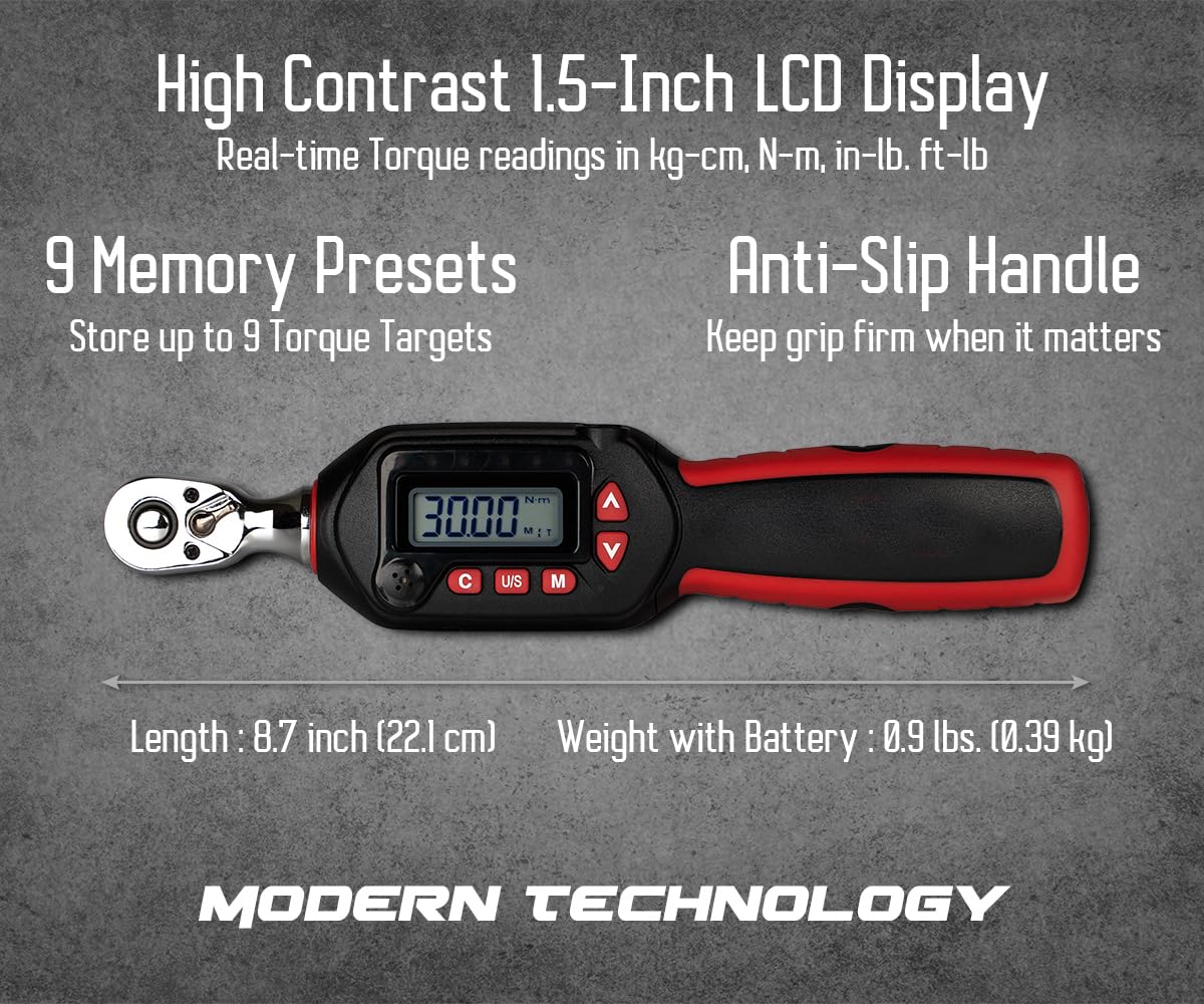 Tapha Tools 1/4 inch Compact Digital Torque Wrench 1.11-22.12 ft-lbs (1.5-30 N-m) Torque Range ±2% Accuracy, LED and Buzzer, Preset Memory, ISO 6789 Tested and Calibrated