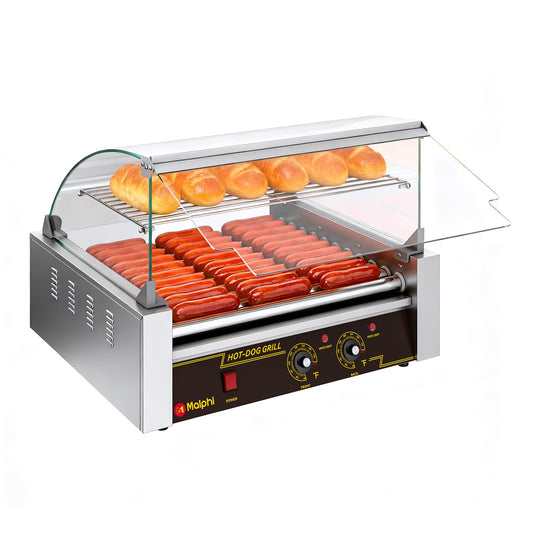 Malphi Hot Dog Roller Grill, 11 Roller with Dual Temperature Control, Stainless Steel Hot Dog Machine with Glass Cover & Bun Warmer, 1650W Commercial Hot Dog Cooker for 30 Hot Dogs.ETL Certified