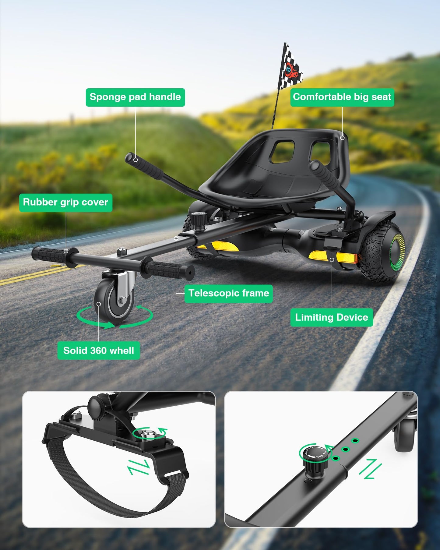 Gyroor Scooter with Adjustable Seat Attachment, 6.5" All-Terrain Self Balancing Scooter, LED Lights & Bluetooth for Kids and Adults, Black