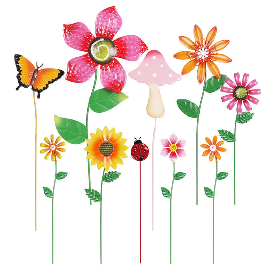 hogardeck Garden Decor for Outside, Set of 10 Metal Flowers Garden Stakes with Mushroom Butterfly Ladybug for Spring Decor, Yard Art Garden Decorations for Outdoor Lawn Porch Pathway (Multi-Color)