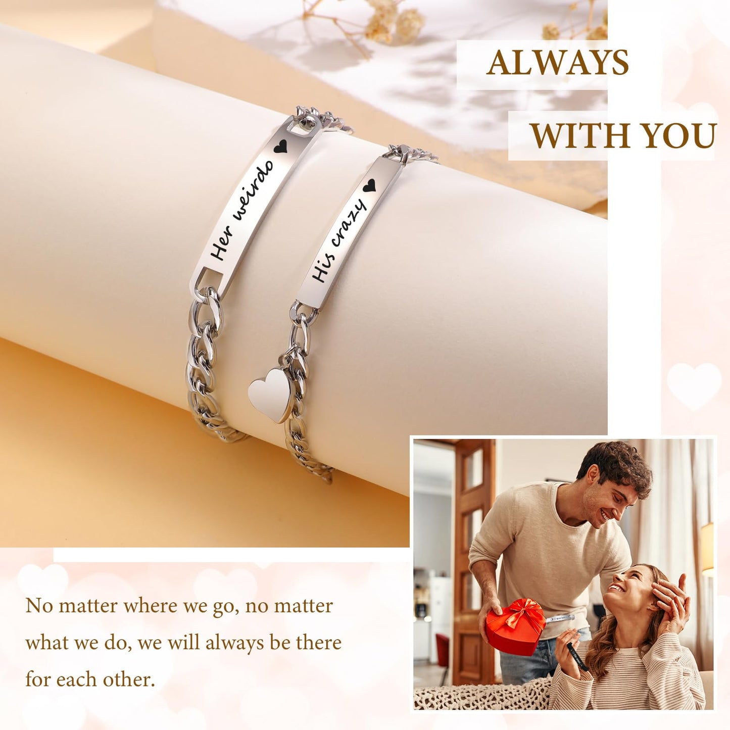 Personalized Matching Bracelet for Couple - Free Engraving Custom Couples Bracelets,Hypoallergenic Adjustable Stainless Steel Long Distance Relationship Bracelet,Promise Bracelet Gifts for Him and Her