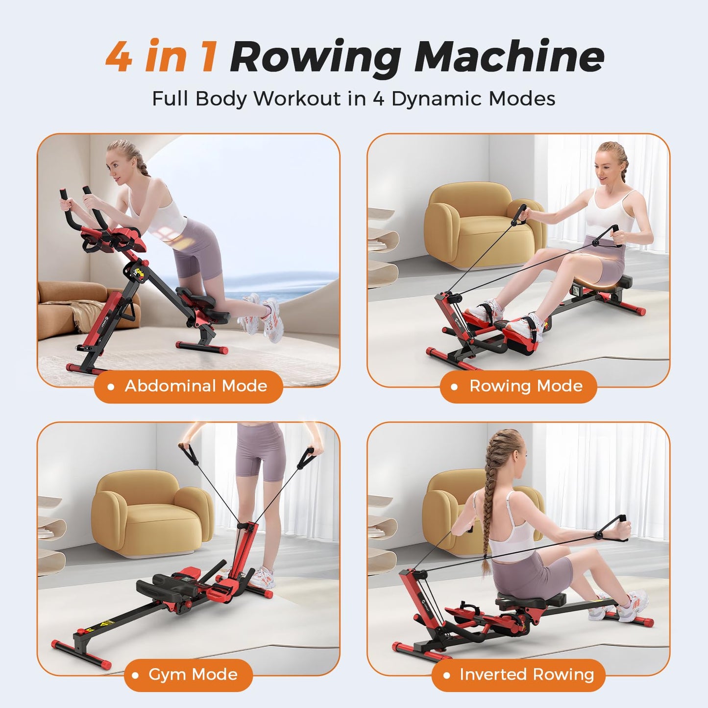 Ab Machine and Rowing Machine, 4 in 1 Rowing Machines for Home with 3 Levels of Workout Resistance, Quiet & Foldable Rower Machine with 3 Adjustable Handle Heights & LCD Monitor, Row Machine for Home