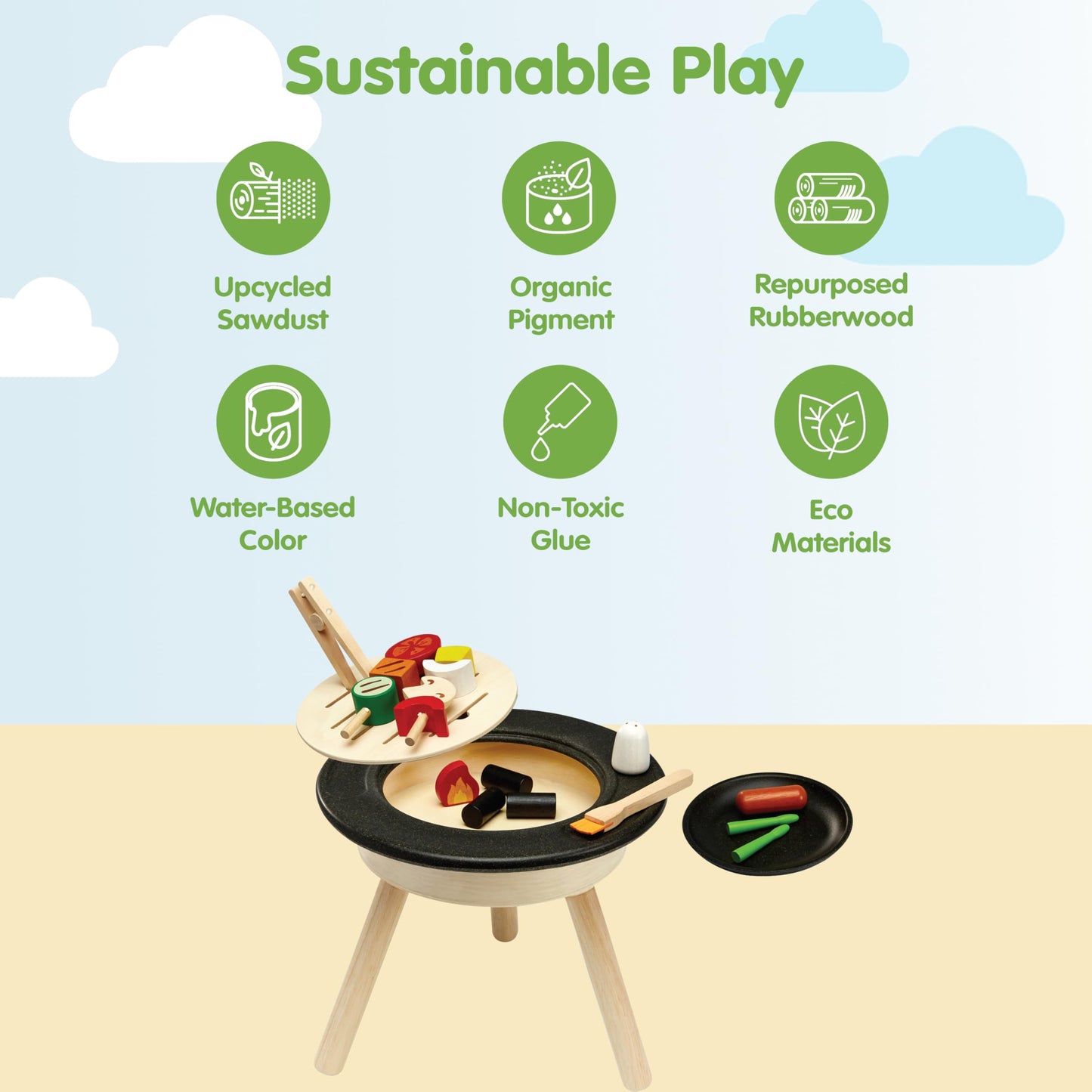 PlanToys® Wooden Barbeque Pretend Cooking Toy for Kids | Kitchen Toy Includes Grill, Food Pieces, Tongs & Charcoal Stove | Montessori Food Role Play Set for Fine Motor Skills & Imaginative Learning