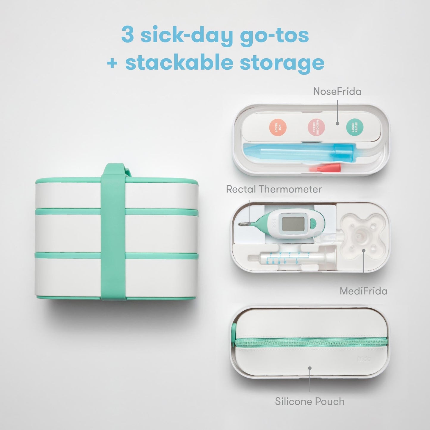 Frida Baby Mobile Medicine Cabinet Travel Kit, Set Baby Essentials Gift Set Includes NoseFrida Snotsucker, Rectal Thermometer, MediFrida Medicine Dispenser with Portable Carrying Case