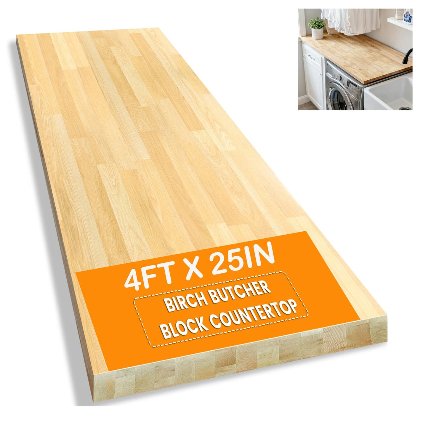 4FT x 25IN Solid Birch Wood Butcher Block Countertop - Intravast 1.5 Inch Thick Unfinished Heavy Duty DIY Butcher Block for Kitchen Island, Bar Top, Workbench, Laundry Room Dining Table