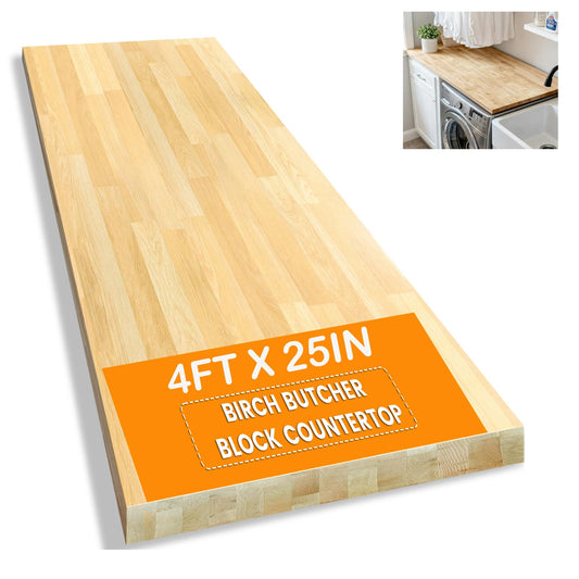 4FT x 25IN Solid Birch Wood Butcher Block Countertop - Intravast 1.5 Inch Thick Unfinished Heavy Duty DIY Butcher Block for Kitchen Island, Bar Top, Workbench, Laundry Room Dining Table