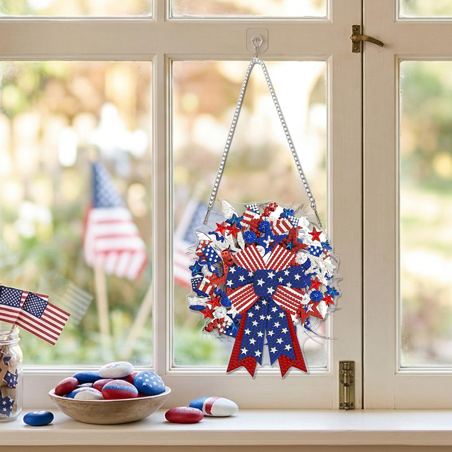 GHHKUD Diamond Art Hanging Patriotic Wreath Bows Kits for Adults, DIY 5D Diamond Art Craft Painting 4th of July Independence Day, Special Shaped Acrylic Pendants for Window Home Garden