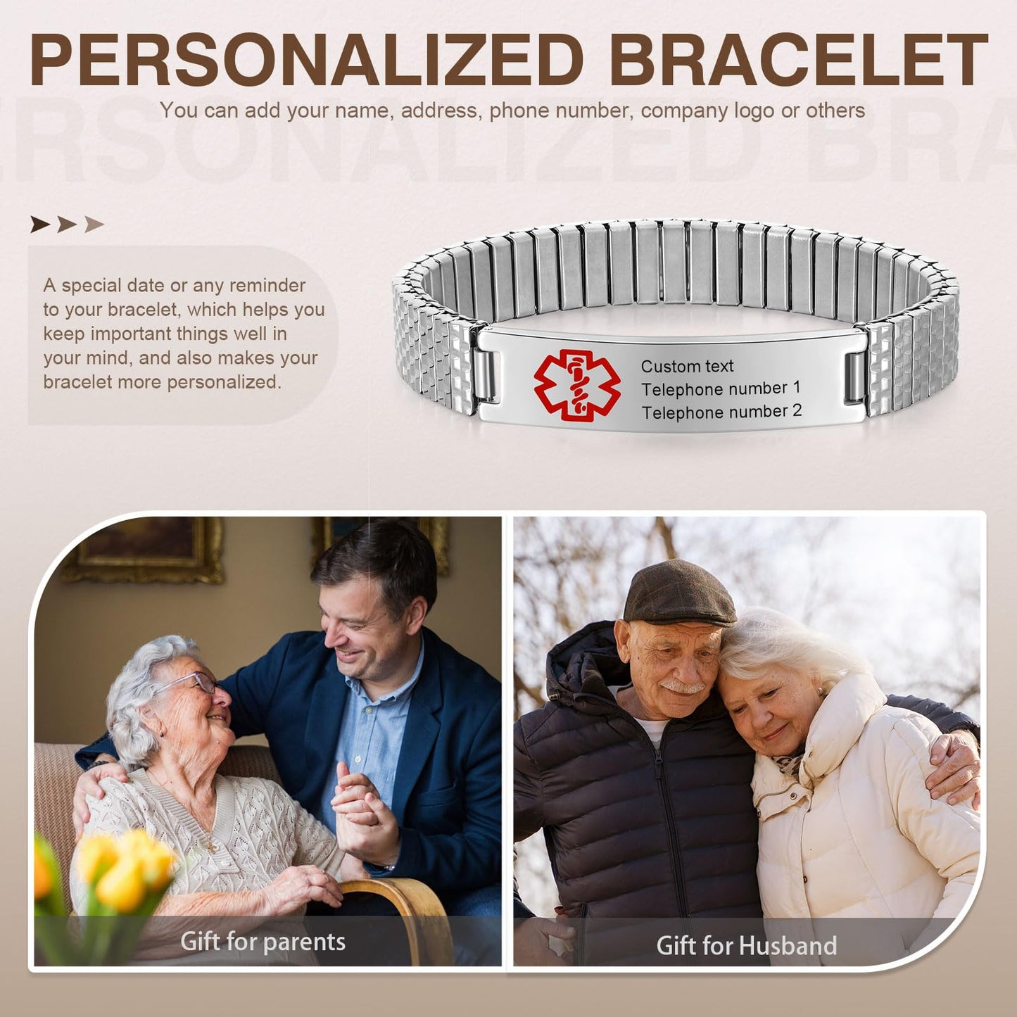 Personalized Medical ID Bracelets for Men - Custom Emergency Alert Bracelet for Women Engraved Medic Info Elastic Stainless Steel Bracelets for Family Autism Allergy Diabetic Epilepsy (Silver, 19.5cm)