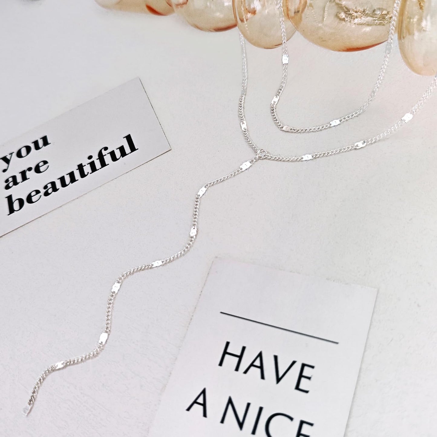Luxval Silver Necklace for Women Dainty 14K Silver Plated Layered Necklaces for Women Trendy Lariat Beaded Long Necklace Simple Jewelry Gifts