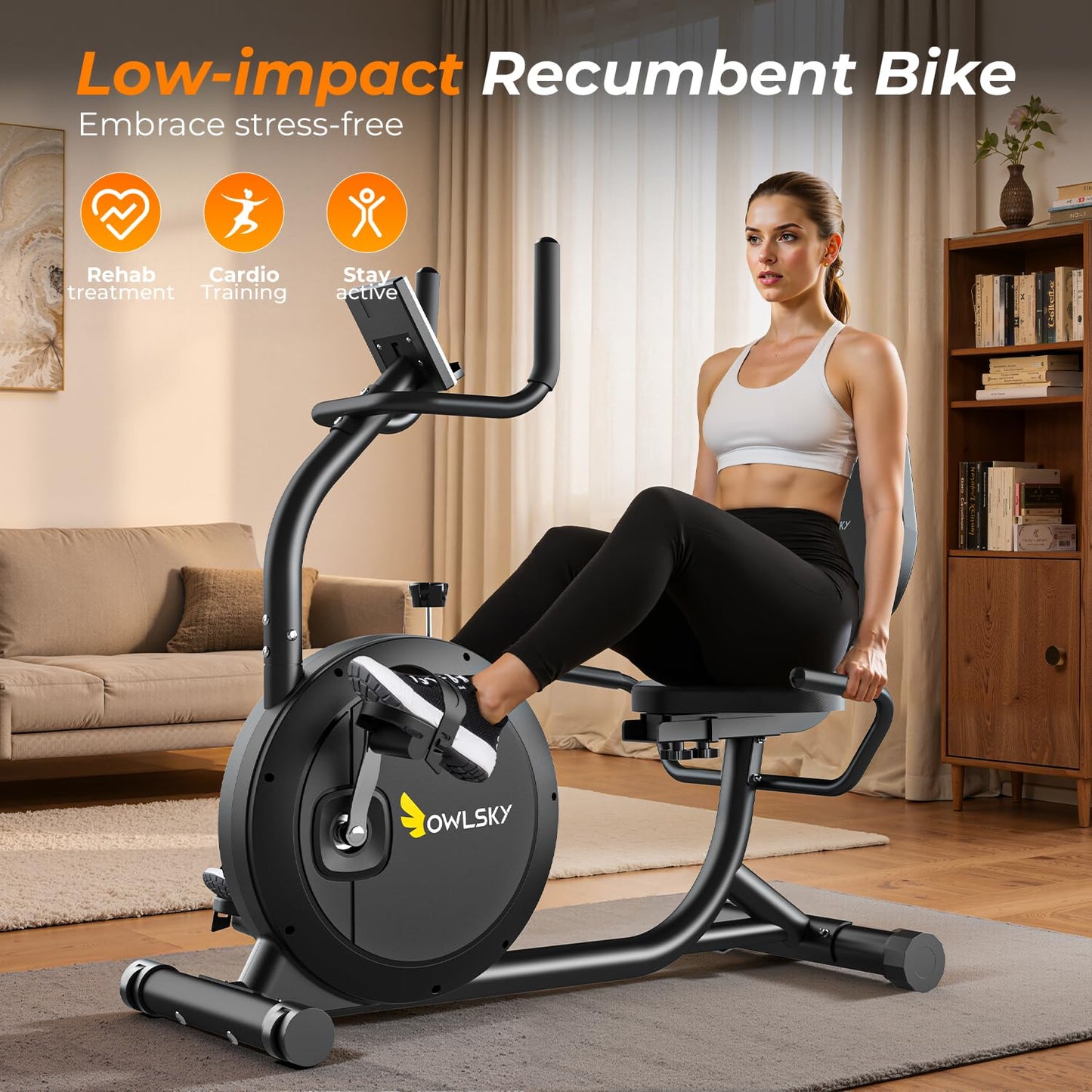 OWLSKY Recumbent Exercise Bike for Home Gym, Magnetic Stationary Bike with 16-Level Resistance, Quiet 15LBS Flywheel, 300LBS Capacity, Low-Impact Cardio & Physical Therapy
