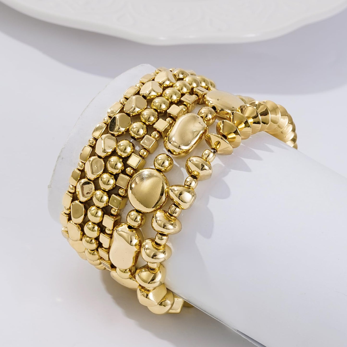 Sajidos Gold Beaded Bracelets for Women Trendy, 14K Gold Plated Stack Cross Pearl Gold Bead Stretch Bracelets Set Elastic Hypoallergenic Bracelets Jewelry Gifts (style7)