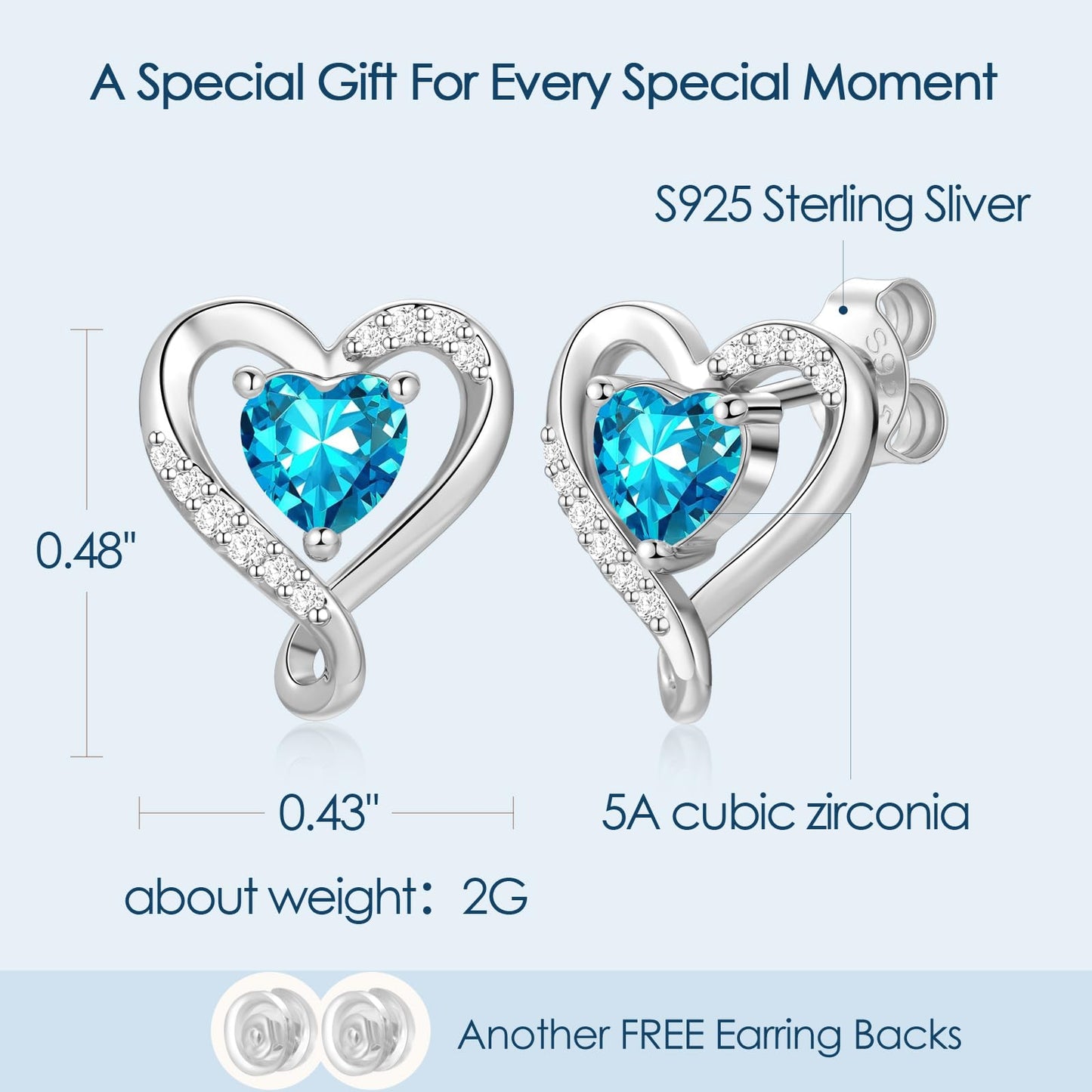 Zifeel Earrings for Women, 925 Sterling Silver Birthstone Heart Studs Earring for Girlfriend Wife, Anniversary Birthday Christmas Valentines Mother’s Day Gifts Jewelry for Women Wife Her Mom