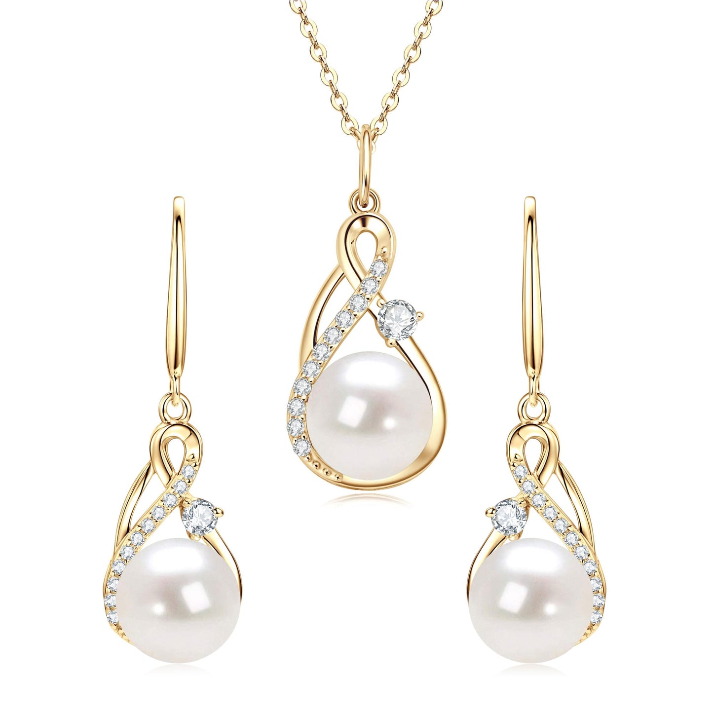 DENGGUANG Sterling Silver Pearl Jewelry Set with Moissanite, Real Freshwater Pearl Earrings Necklace for Women, Gold Plated Wedding Jewelry for Brides Bridesmaid, Mother's Day