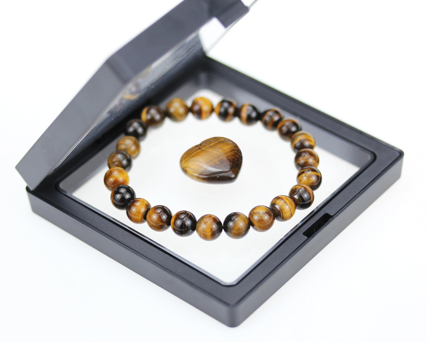 SAFEINA Tigers Eye Healing Crystal Stretch Bracelet for Women Men's Gifts, 8mm Stackable Beaded Bracelets with Heart Stones Set Stress Relief Yoga Reiki Gems