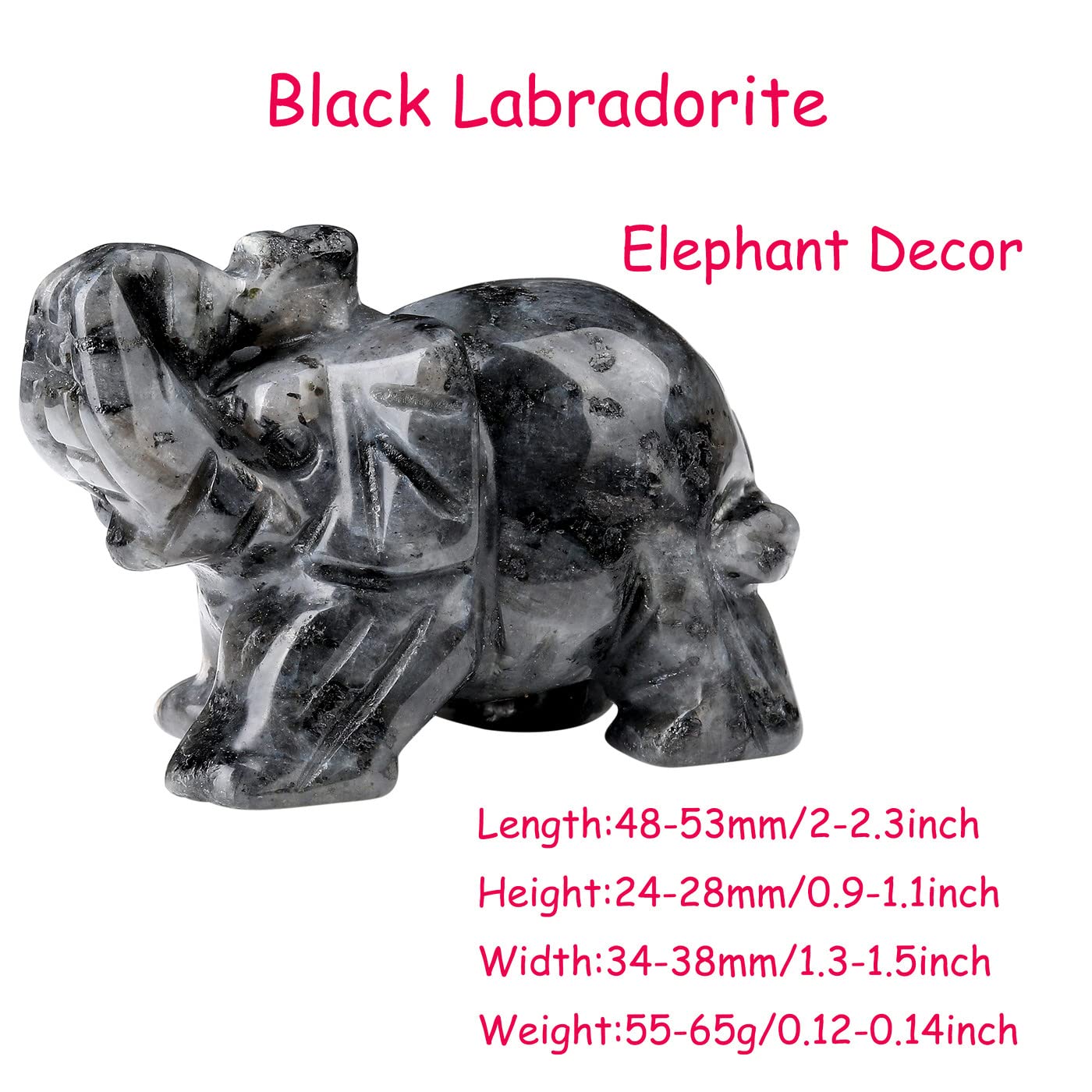 2" Black Labradorite Elephant Decor Cute Polished Natural Stone Hand Carved Pink Healing Crystal Sculpture Statue Figurines Gemstone Hippie Home Room Office Desk Decoration Gifts for Women Men