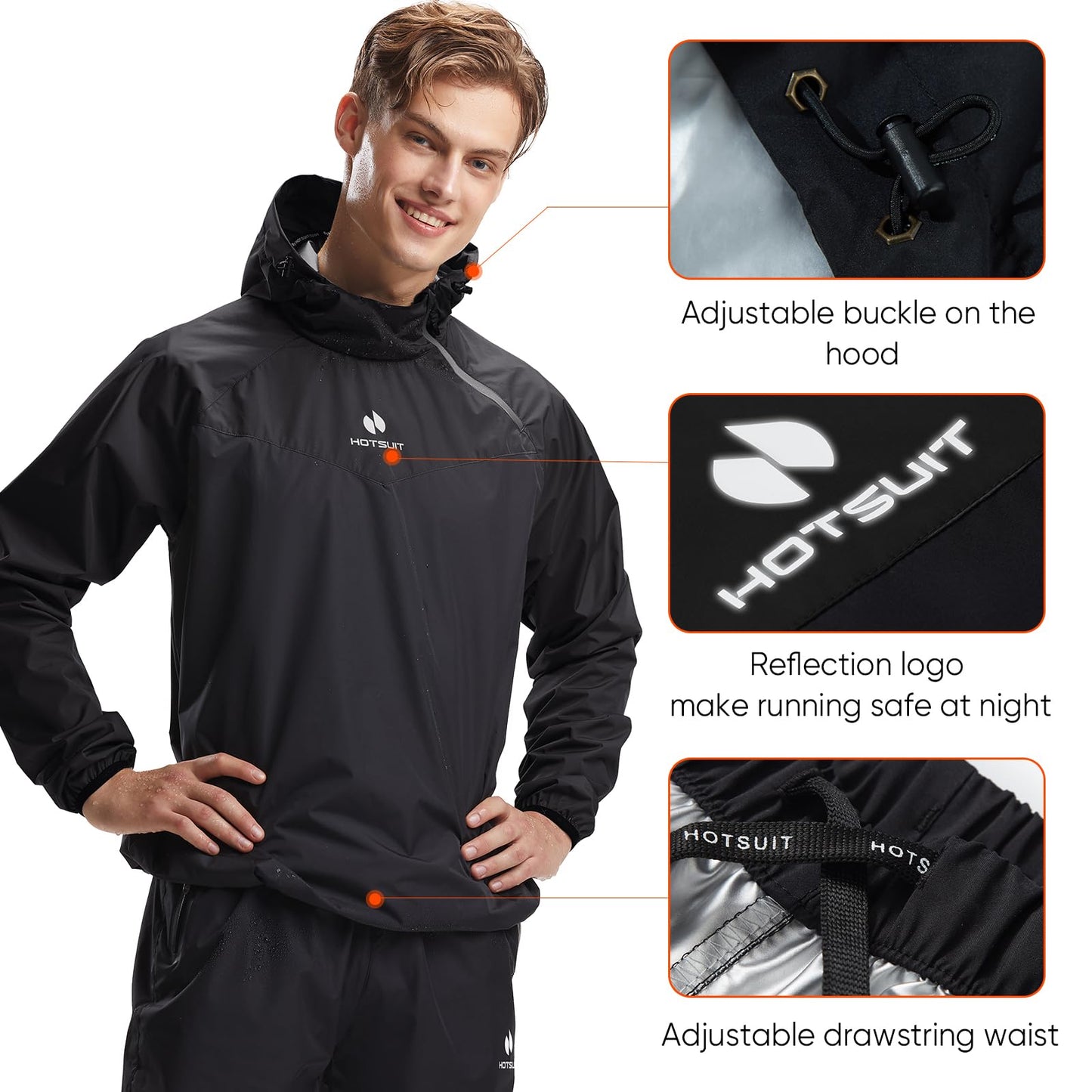 HOTSUIT Sauna Suit for Men Sweat Sauna Jacket Pant Gym Workout Sweat Suits, Black, L