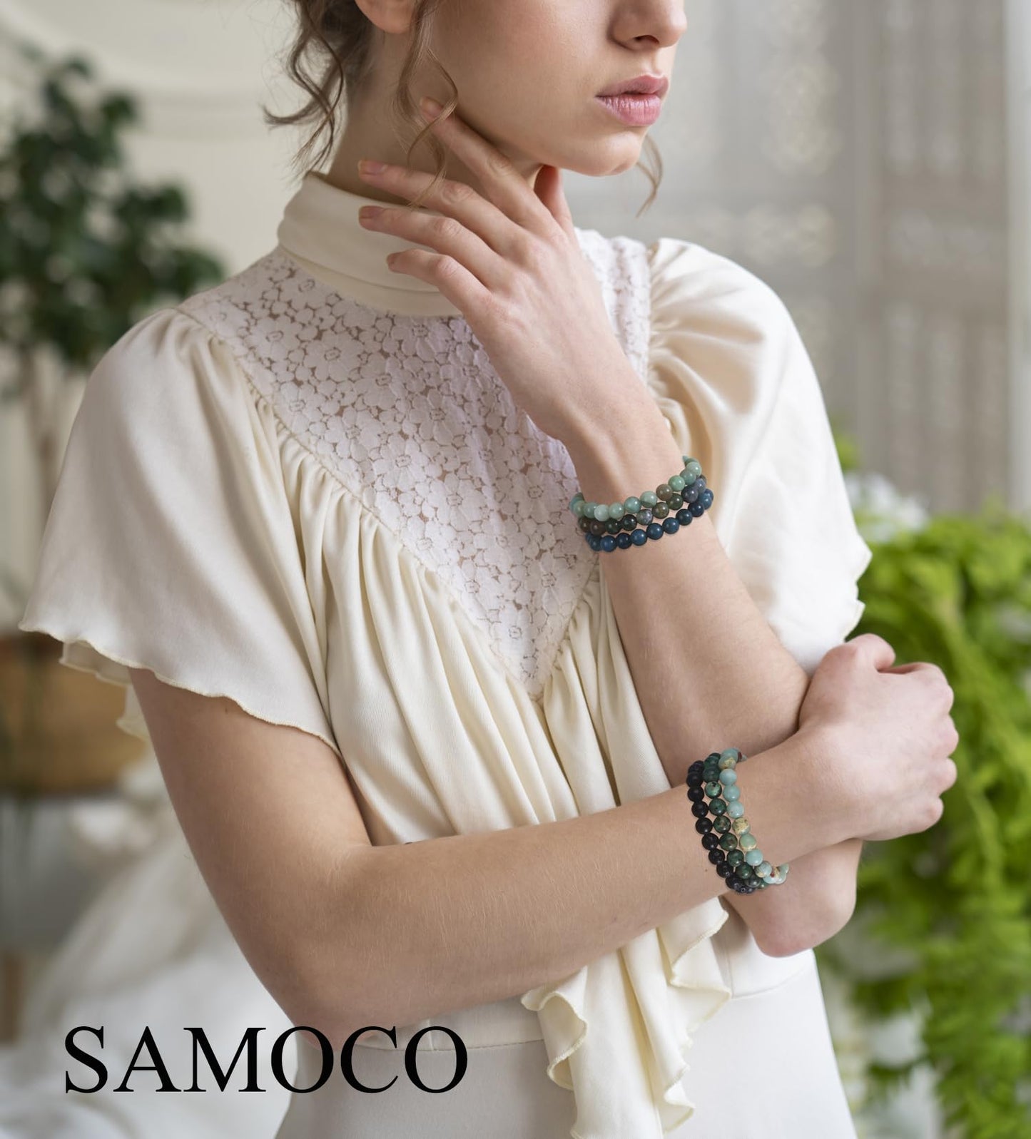 SAMOCO 12PCS 8mm Natural Crystal Bracelets for Women Men Semi-Precious Gemstone Beaded Bracelets Round Beads Gemstones Stretch Yoga Bracelet