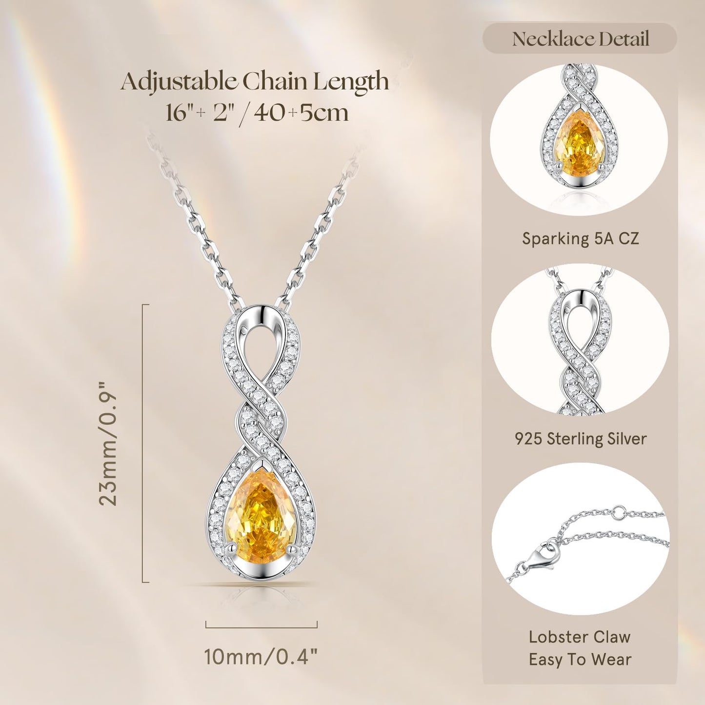 FANCIME Citrine Necklace November Birthstone Sterling Silver Dainty Infinity Knot Pendant Necklace Yellow Gemstone Fine Jewelry Anniversary Birthday Graduation Mothers Day Gifts for Women Her Mom