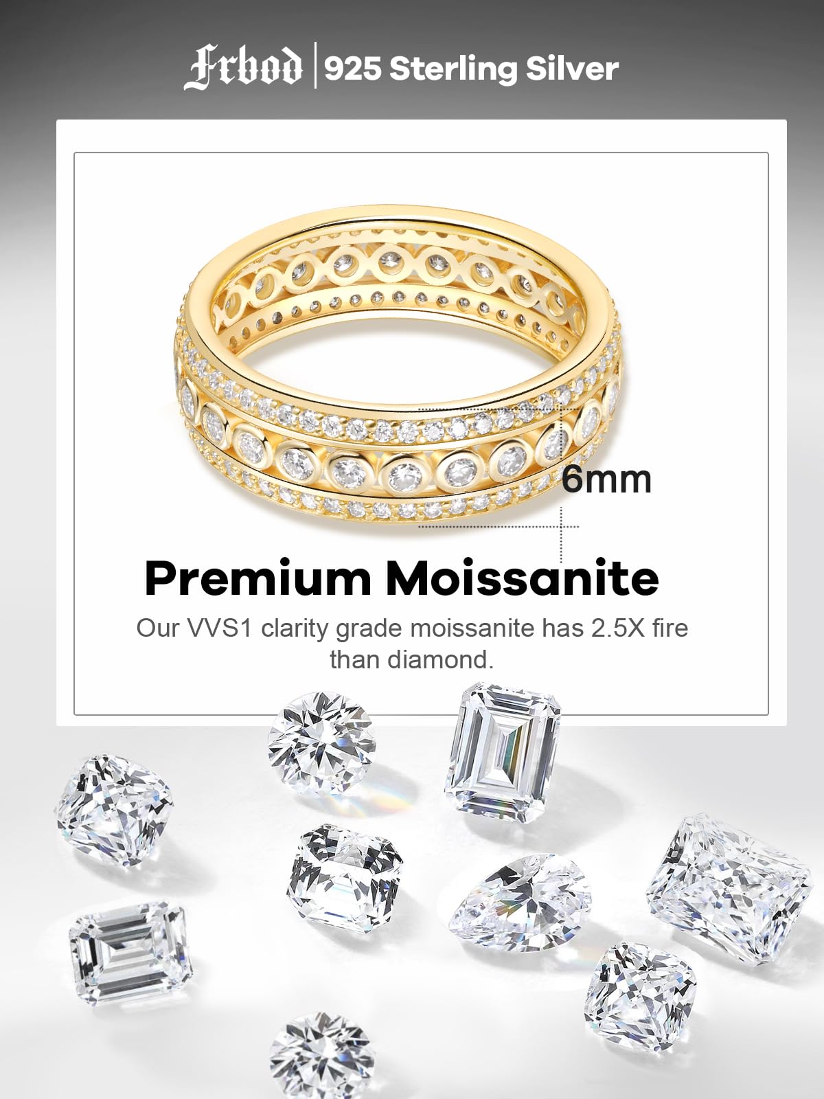 Frbod Womens Moissanite Ring Wide Diamond Row Rings Bezel Moissanite Gold Plated Bands Gifts for Wife Men Size 8