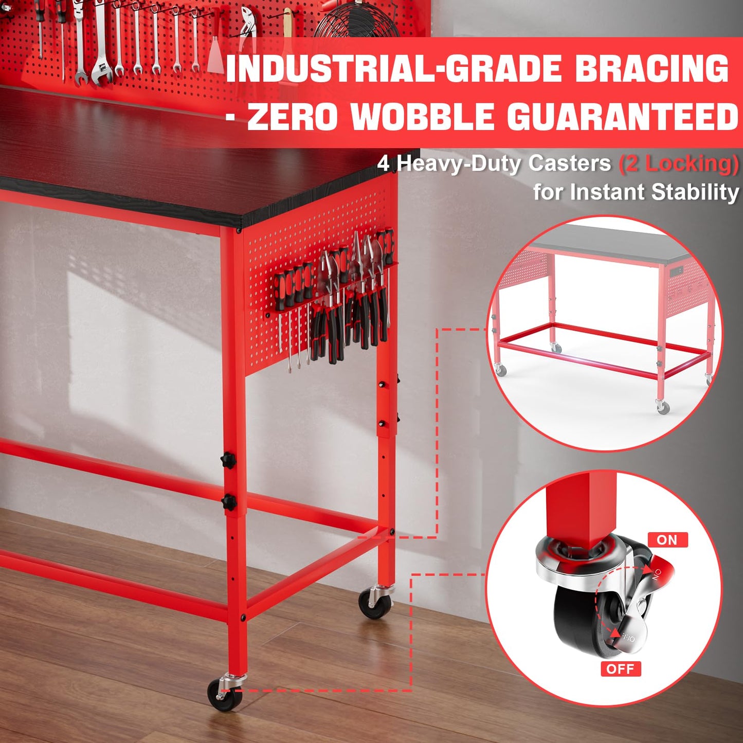 Ferreteriai 47" Heavy Duty Workbench with Power Outlet & USB-C, Exclusive Red Side Battery Holder, Adjustable Height, 2100LB Capacity, Locking Wheels, Pegboard for Garage, Workshop, and Home Use