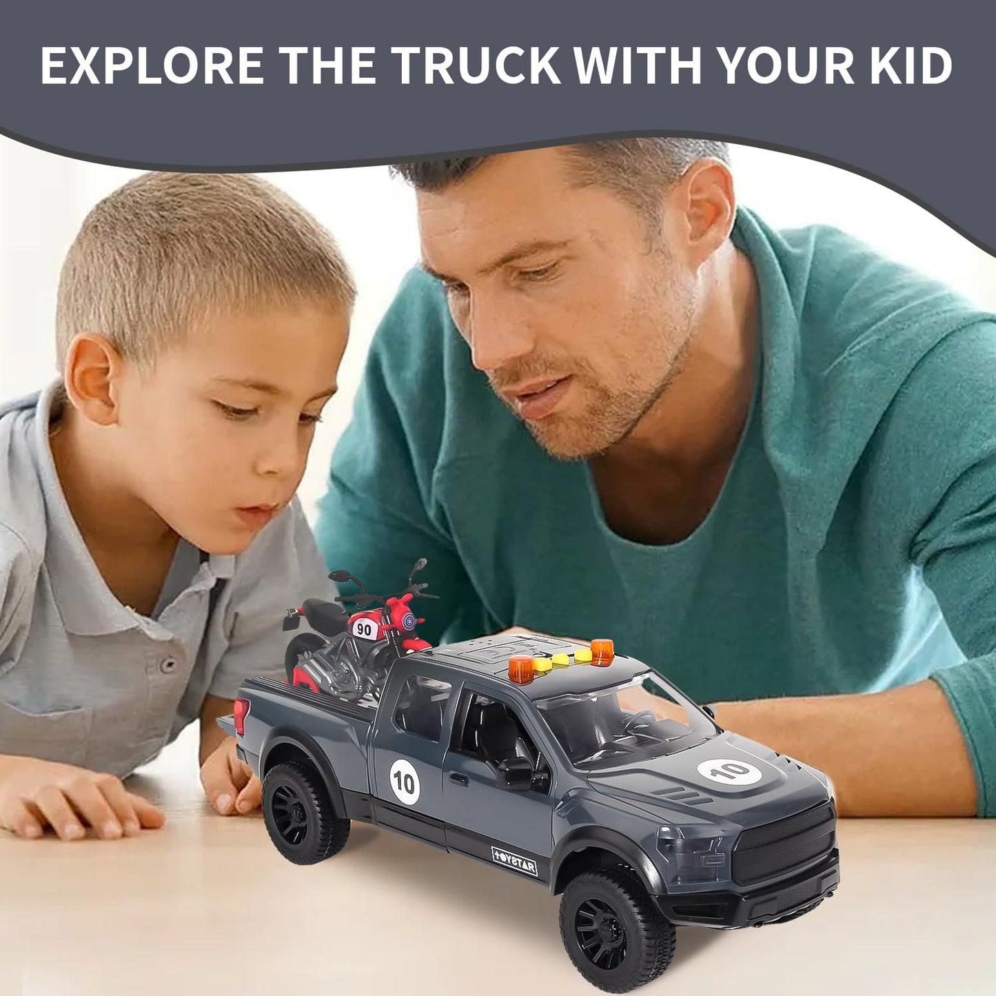 Pickup Truck Toy with Motorcycle, Featuring Lights and Sound Effects,Toy Car with Opening Doors, Toy Cars Gifts for 3+ Year Old Kids(Grey Pickup)