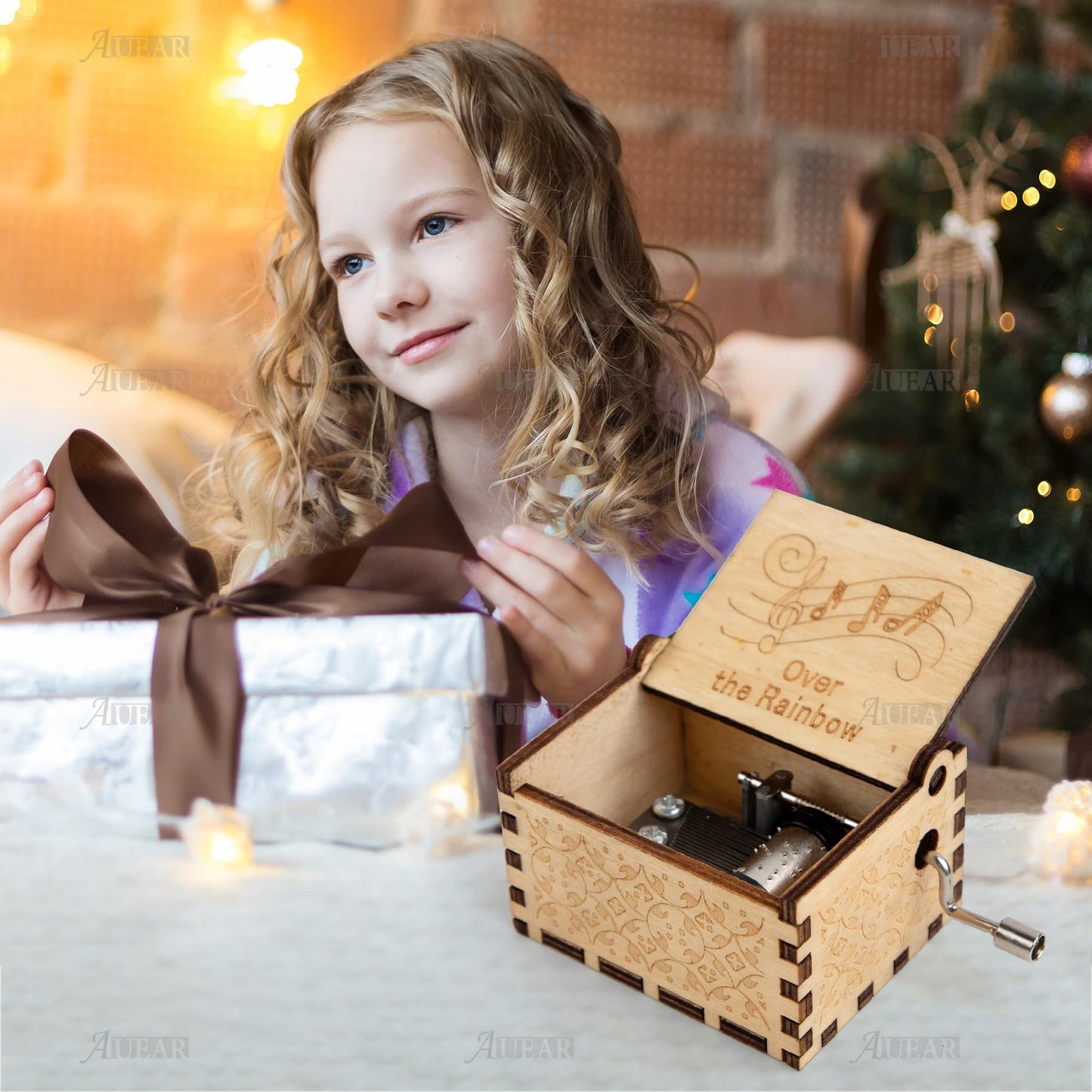 AUEAR, Over The Rainbow Wooden Music Box Hand Crank Laser Engraved Vintage Musical Small Unique Gift for Birthday Wedding Christmas Valentines Day (Style D)