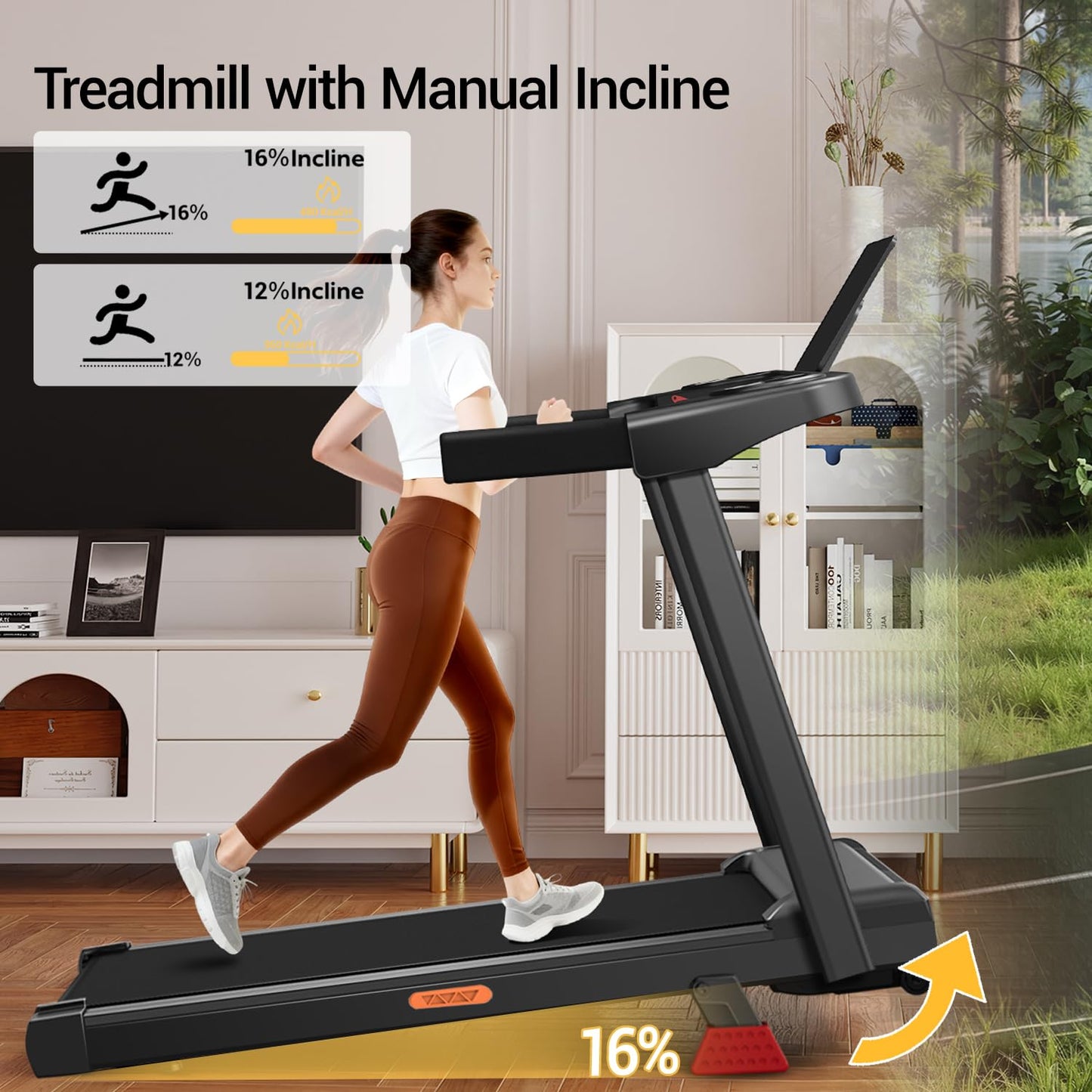 16% Incline Treadmill with Handle, 3-in-1 Portable Treadmills for Home and Office, Foldable Treadmills with 300 Lbs Weight Capacity, 3.0HP Quiet Walking Pad Treadmill, Three Screen (16% Black)
