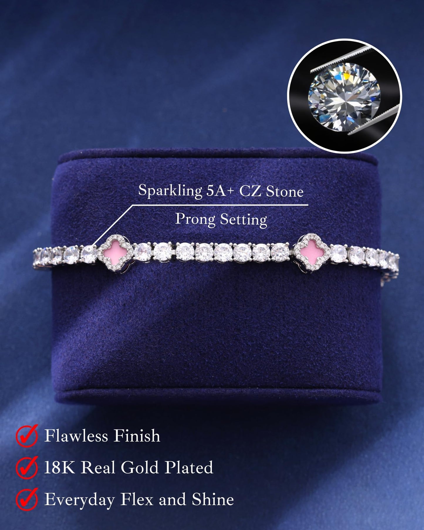 LuxeFlex 4mm Iced Out Clover Tennis Bracelet, White Gold Plated with 5A Zircon Stones, Handmade exquisite Hip Hop Jewelry, Perfect Unisex Gift (White Gold-Pink,7)