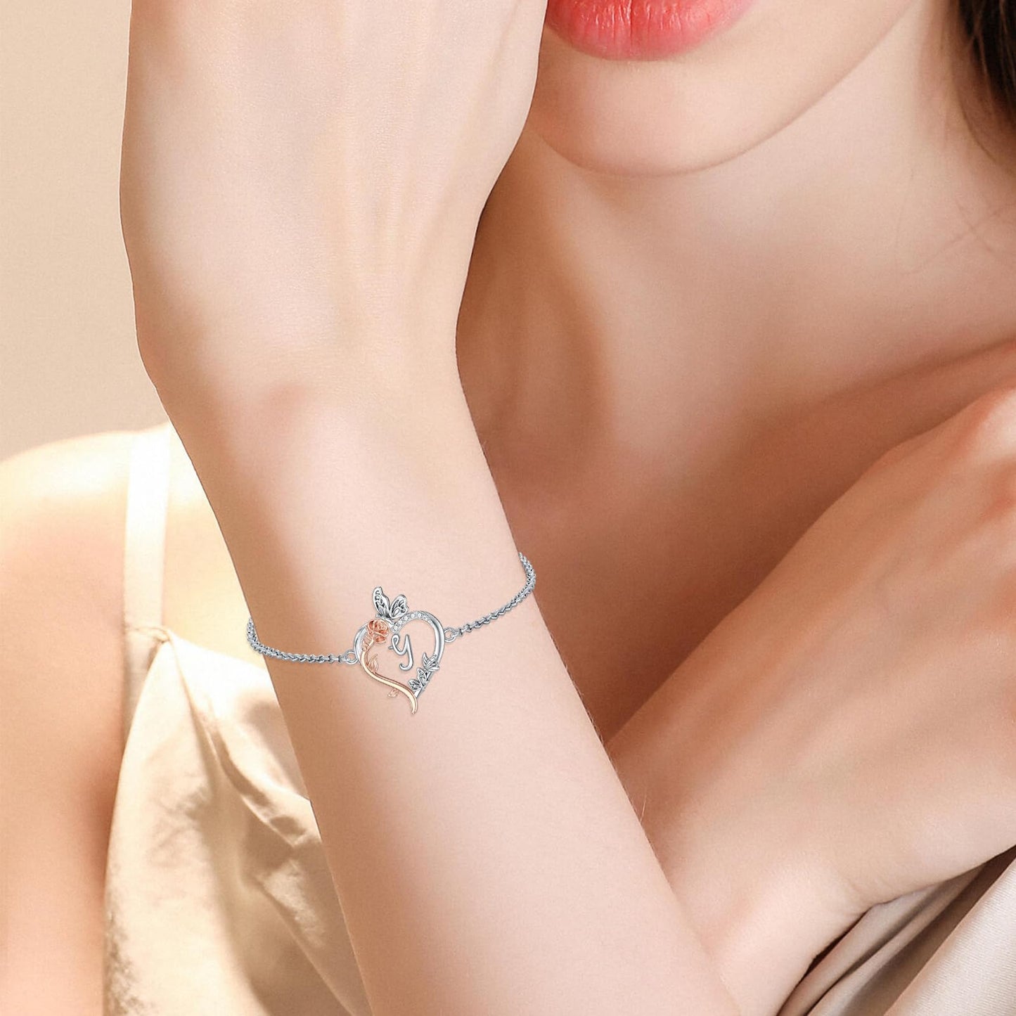 TOUPOP Rose Heart Bracelet for Women Sterling Silver Heart Initial Y Letter Bracelet Butterfly Love Jewelry Anniversary Birthday Mothers Day Gifts for Mom Wife Her Girlfriend