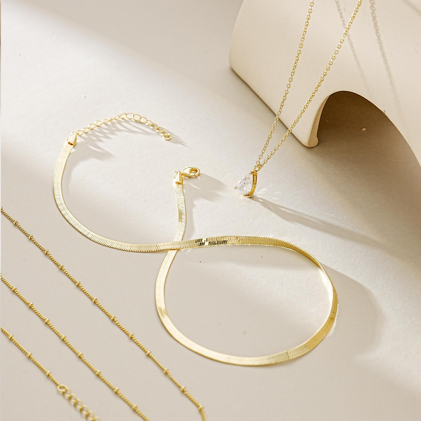 YOIHUR Layered Gold Necklaces for Women, 14K Gold Plated Beading Snake Chian Trendy Layering Water Drop Zircon Pendant Necklace Set Jewelry for Women