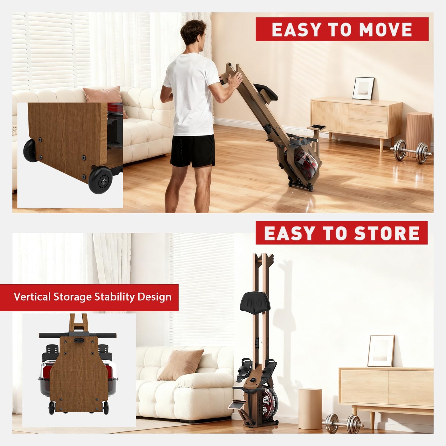 WENOKER Water Rowing Machines for Home Use, Rower Machine with Smart Electronic Knob,Wooden Row Machine with LCD Monitor & Comfortable Seat, Bluetooth App Compatible for Home Gym Exercise 350 LBS