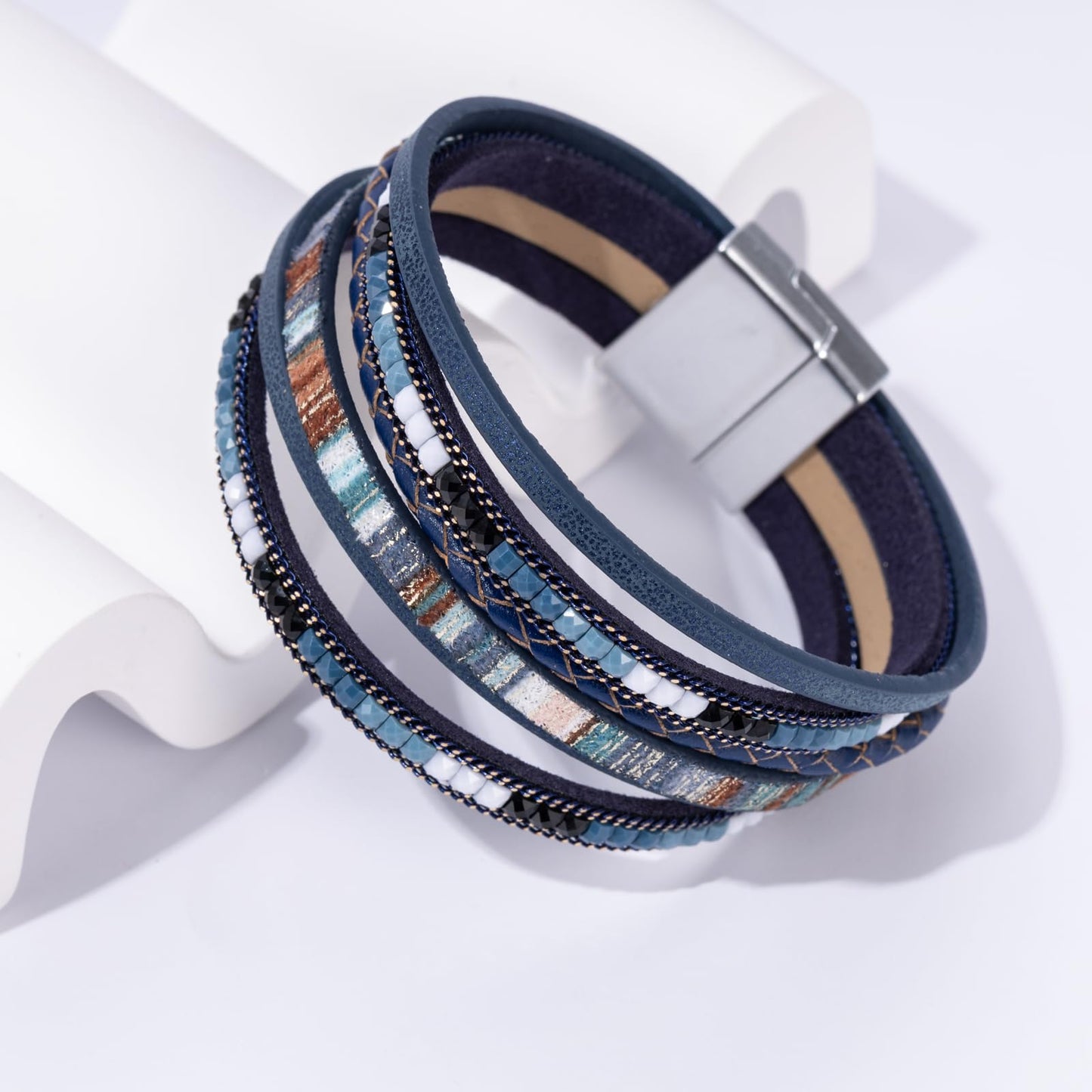 Becklynn Boho Leather Wrap Bracelets Beaded Crystal Stackable Cuff Bracelet with Magnetic Clasp Cowboy Cowgirl County Concert Outfits Western Jewelry Gifts for Women(Double Layer Navy)