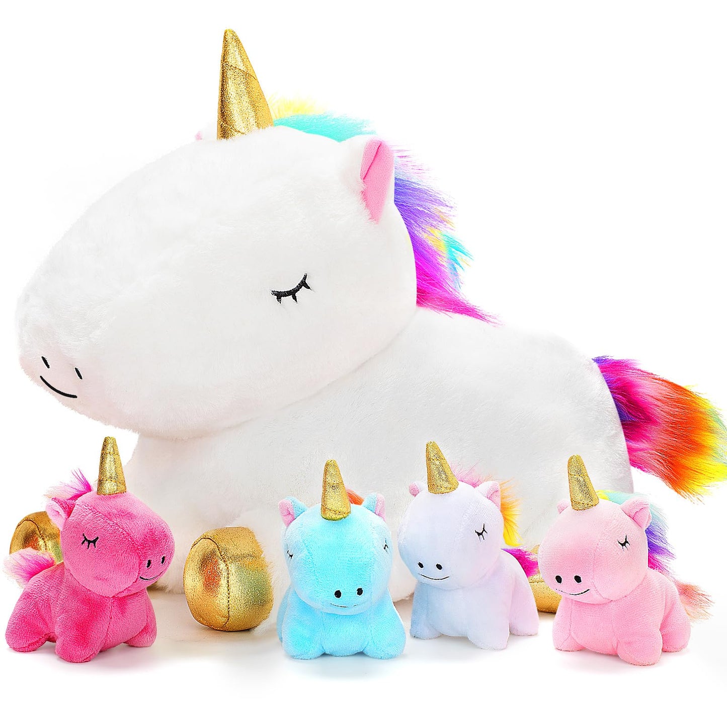 KIZZYEA Toys for Girls Ages 0 1 2 3 4 5 6 7 8+ Years, Unicorn Plush Toys Set, Soft Unicorn Mommy Stuffed Animal with 4 Baby Unicorns in Her Tummy, Birthday for Baby, Toddler, Kids
