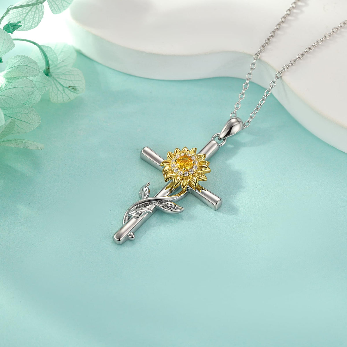 SNOWELLE Cross Sunflower Necklace for Women 925 Sterling Silver Dainty Sunshine Pendant Jewelry Gifts for Women