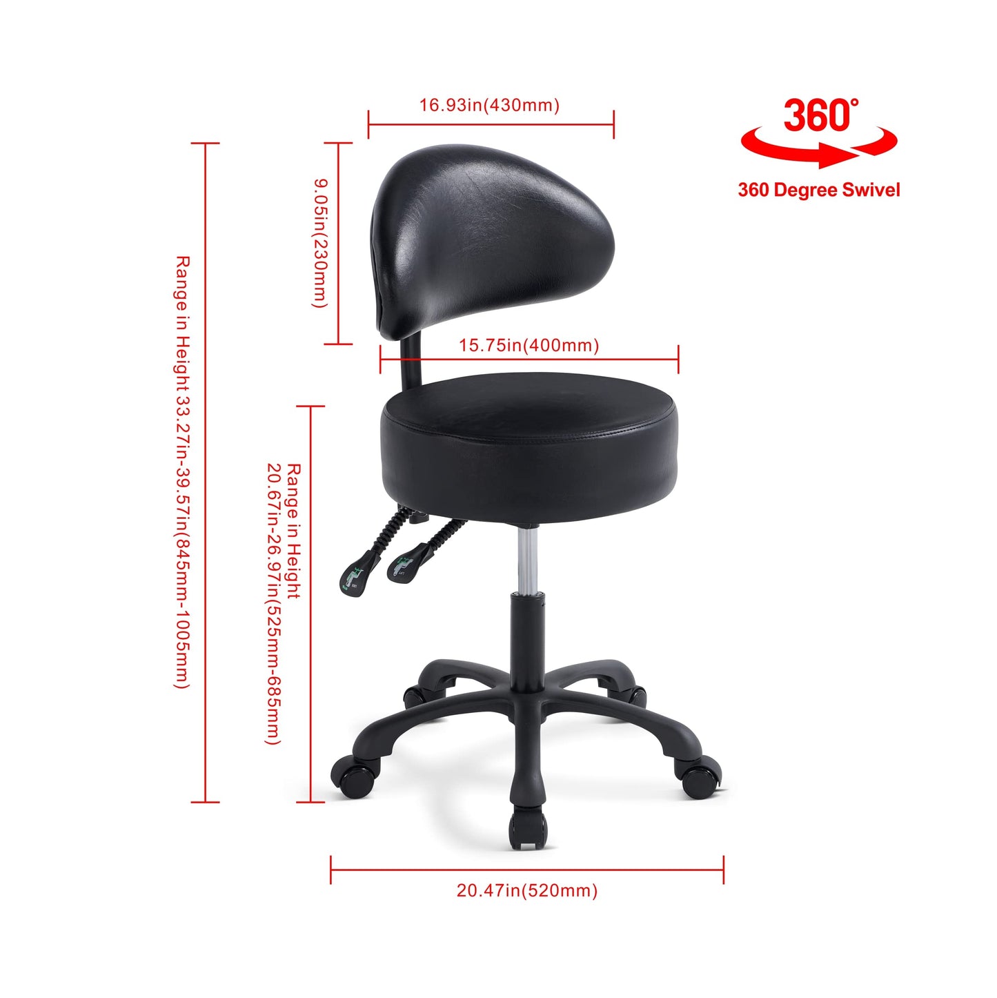 Lilfurni Swivel Rolling Stool Round Chair,Thick Sturdy Padding,Adjustable Stool with Wheels for Doctor,Medical,Massage Salon,Office,Shop(Black)