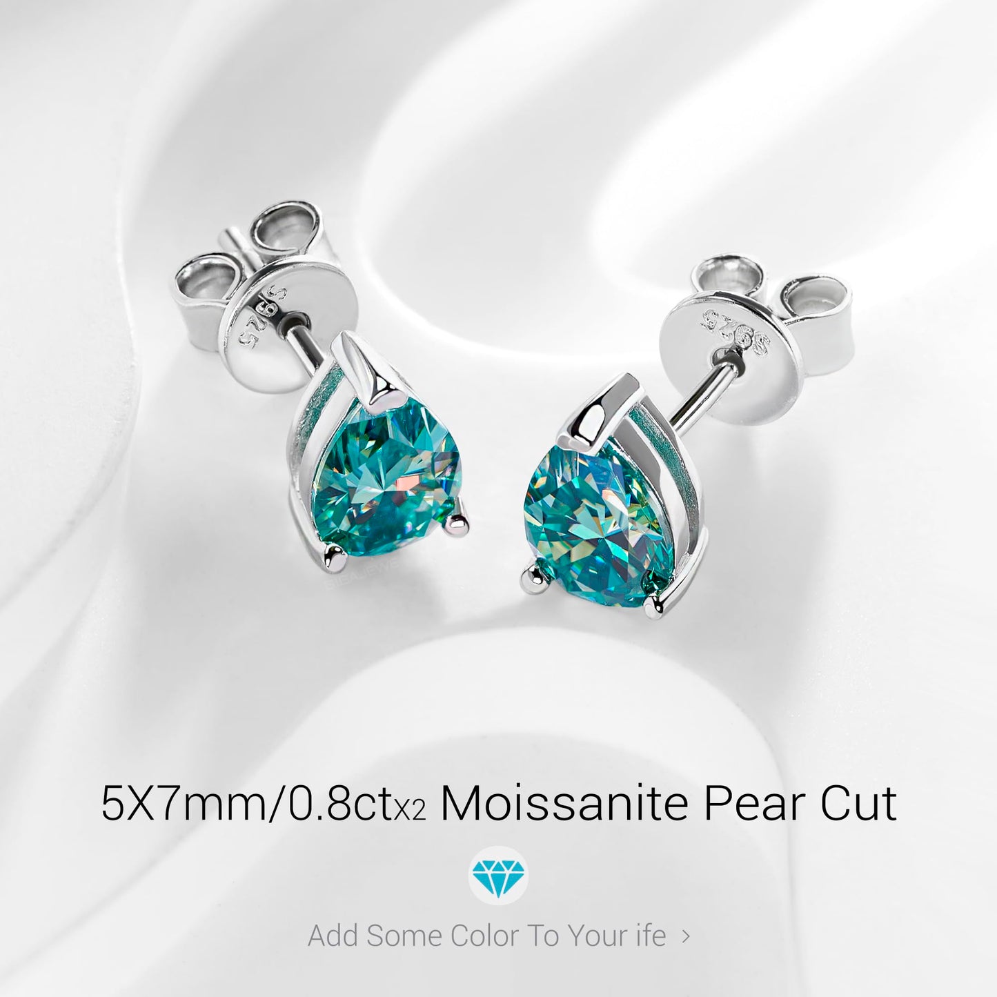 GIGAJEWE Blue Green Color Moissanite Stud Earrings Pear Cut Moissanite Earrings 2.0ct/pair,18K Gold Plated 925 Steling Silver, Stud Earrings For Women (Pear-cyan)