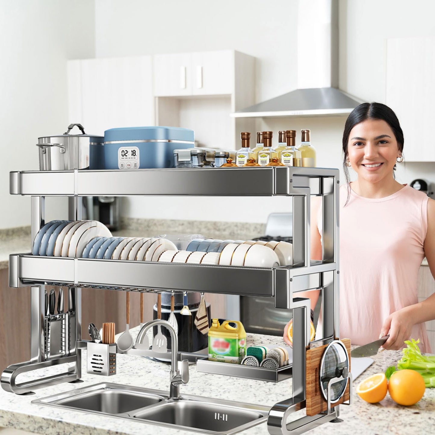 ATQIK Over Sink Dish Drying Rack 3 Tier Dish Drying Rack Full 304 Stainless Steel Large Storage Kitchen Dish Rack Expandable Drainer Shelf Rack for Kitchen Counter Above Sink Organizer（23"-39"