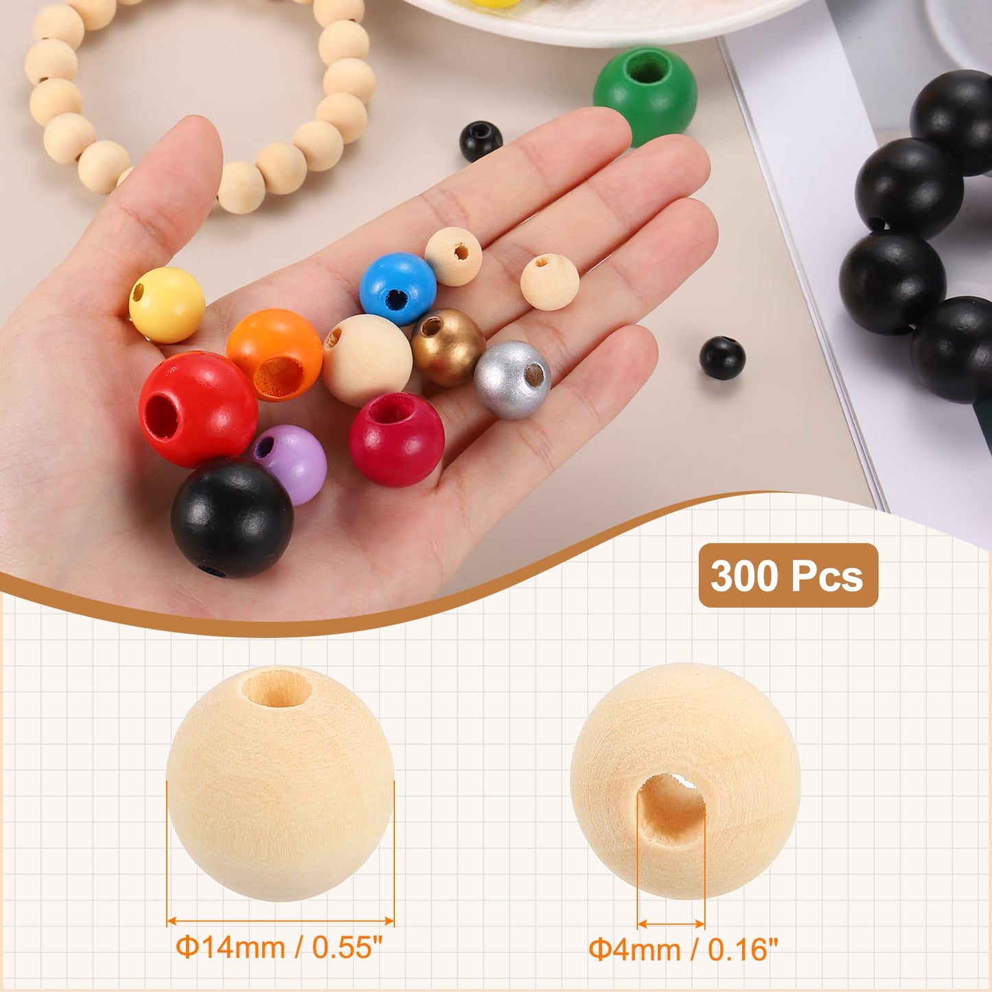 PATIKIL 300pcs 14mm Beige Natural Wood Beads with 4mm Hole Unfinished Round Wooden Loose Spacer Balls Bulk for DIY Crafts Garland Macrame Farmhouse Decor Jewelry Making