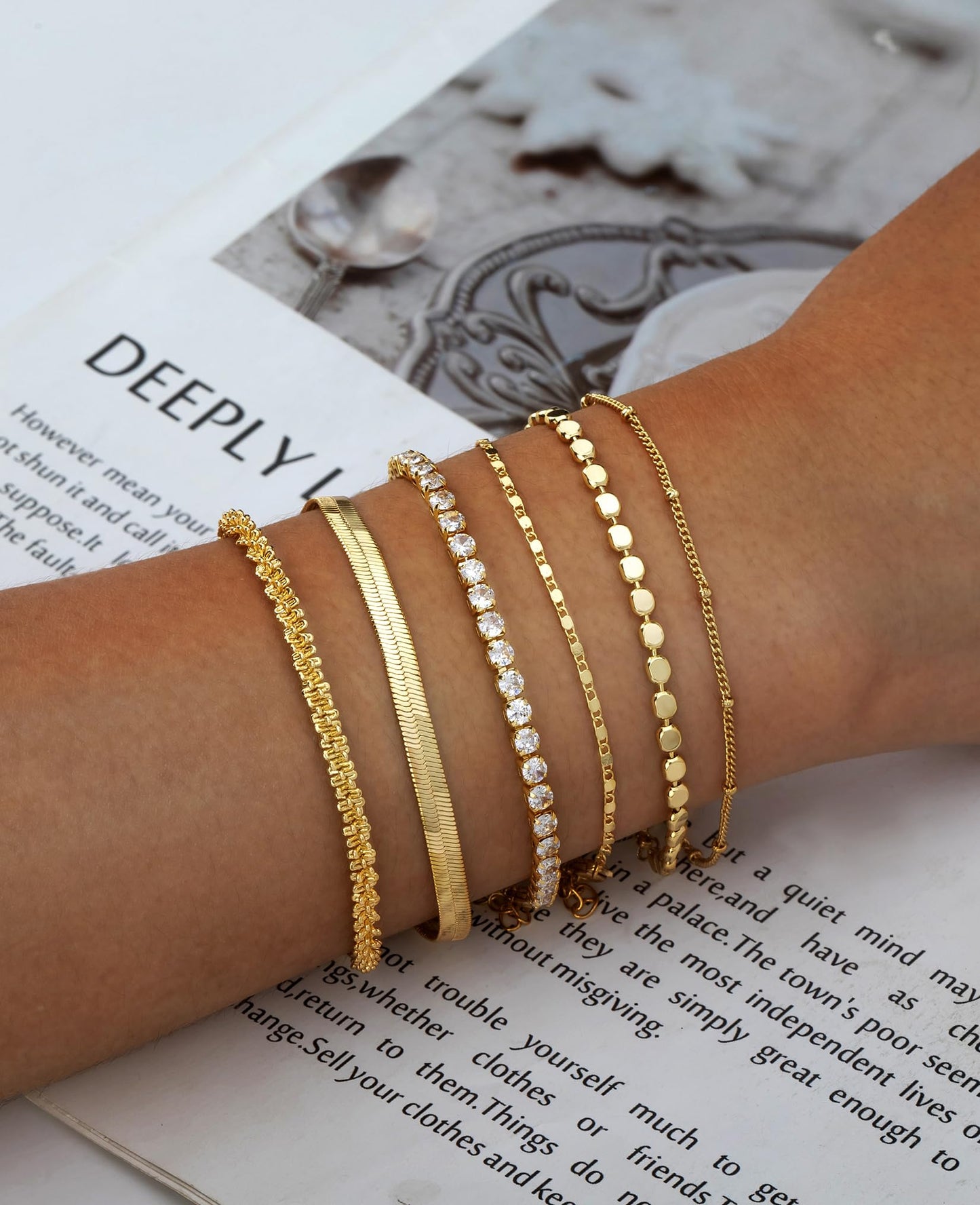 Gold Bracelets for Women 14K Gold Plated Stack Trend Bracelets Charm Paperclip Chain Cuban Link Layered Waterproof Bracelet Dainty Bracelet for Women Jewelry Gifts (Gold 6Pcs)