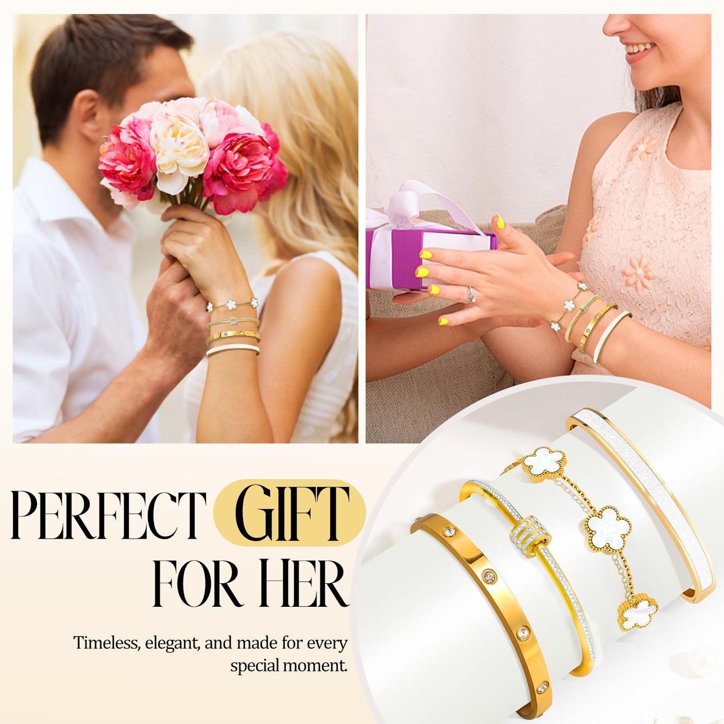 MOINSPIRE 18K Gold Plated Bracelets for Women, Stainless Steel Four Leaf Clover Tennis Nail Love Bangle Bracelets Set, Trendy Stackable Twist Cuff Bracelet Non Tarnish Jewelry Gifts for Christmas