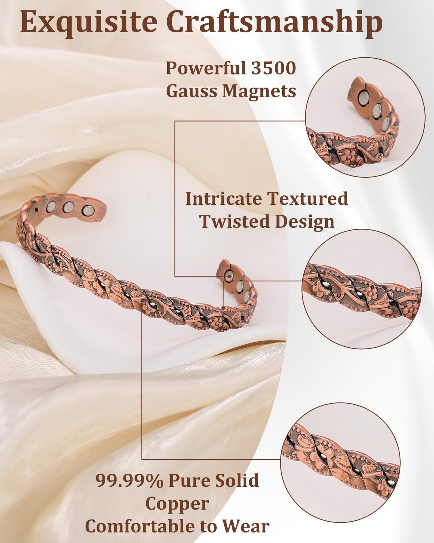 BioMag Magnetic Copper Bracelet for Women Men, 99.99% Pure Copper Cuff Bangle with 6 Pcs 3500 Gauss Magnets, Adjustable Jewerly Gift (Copper-Flower)