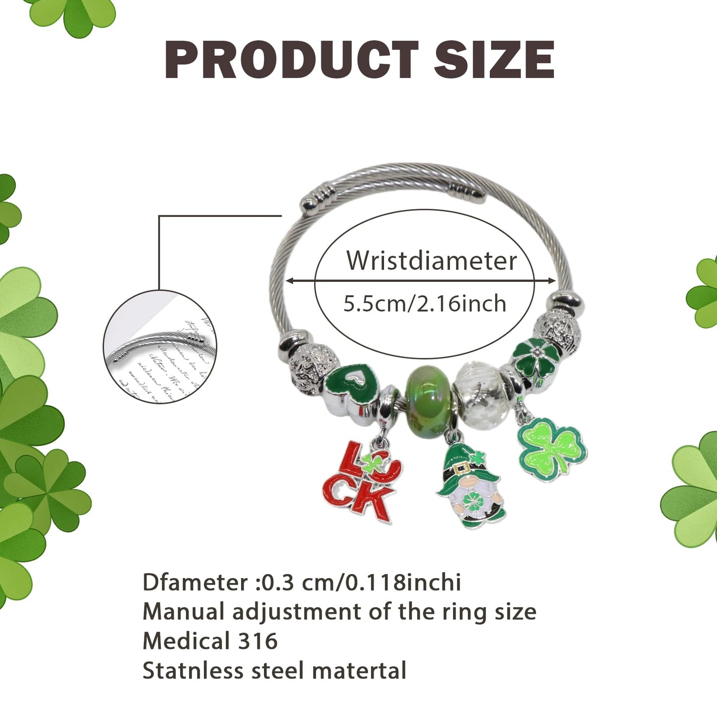 IUULOB St. Patrick’s Day Silver Women Bracelets - Adjustable Charm Bracelets for Women Birthday Gifts Favors Titanium Steel Bracelet Bundle Jewelry Kit, Party Favors