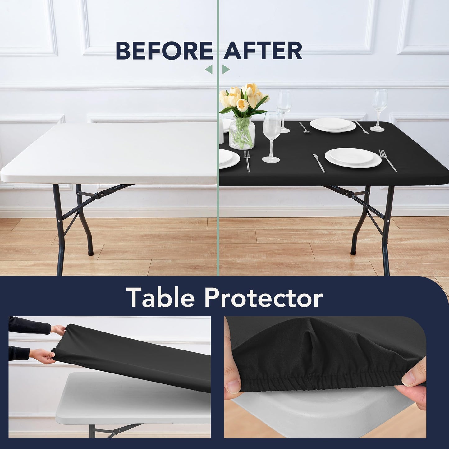RichSets 6ft Fitted Tablecloth Rectangle - 6 Pack Polyester Table Covers with Elastic, Washable Folding Table Protector for Party Banquet Graduation, 30x72 Inch, Black