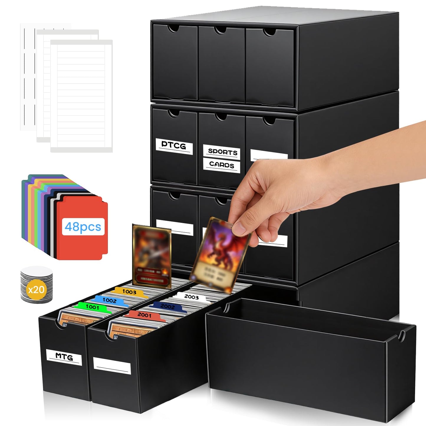 JUMPOW Trading Card Storage Box - 12000+ Card Storage Box Organizer, Bulk Card Sports Card Storage Boxes With 48 Card Dividers, Labels & Tapes, For TCG/MTG/PTCG/Baseball Card Storage And Collection