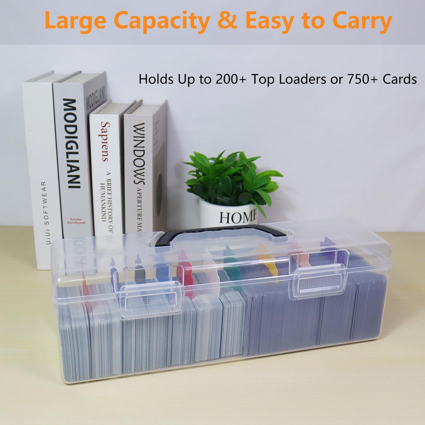 Plastic Trading Card Storage Box, Toploader Baseball Football Sports Card Storage Case with Handle, Clear Playing Card Holder, Holds Up to 200 Toploaders 750 Cards, Fit for Toploader and Standard Card
