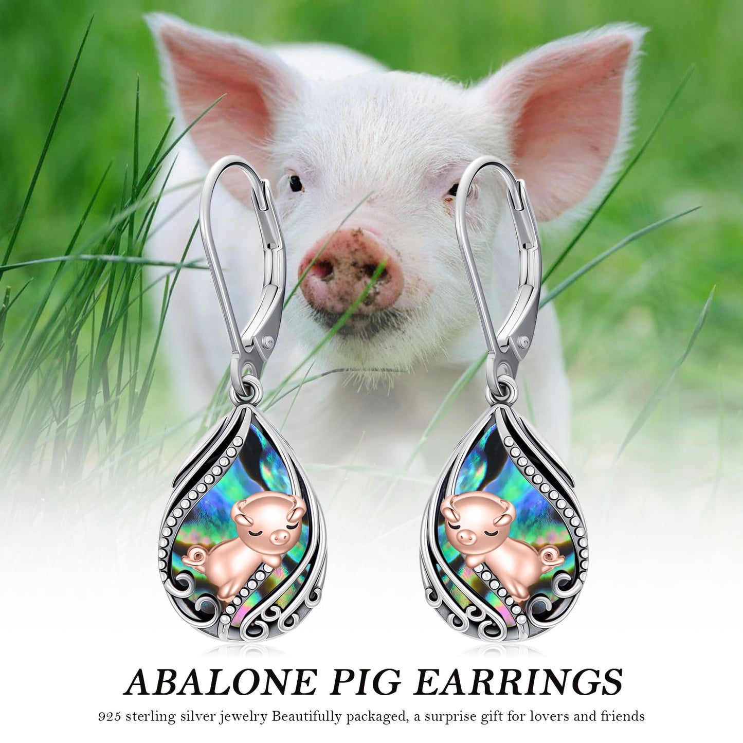 YYmqmq Pig Earrings for Women 925 Sterling Silver Abalone Pig Dangle Earrings Leverback Pig Jewelry Gifts for Women Girlfriend Mom Birthday Gifts