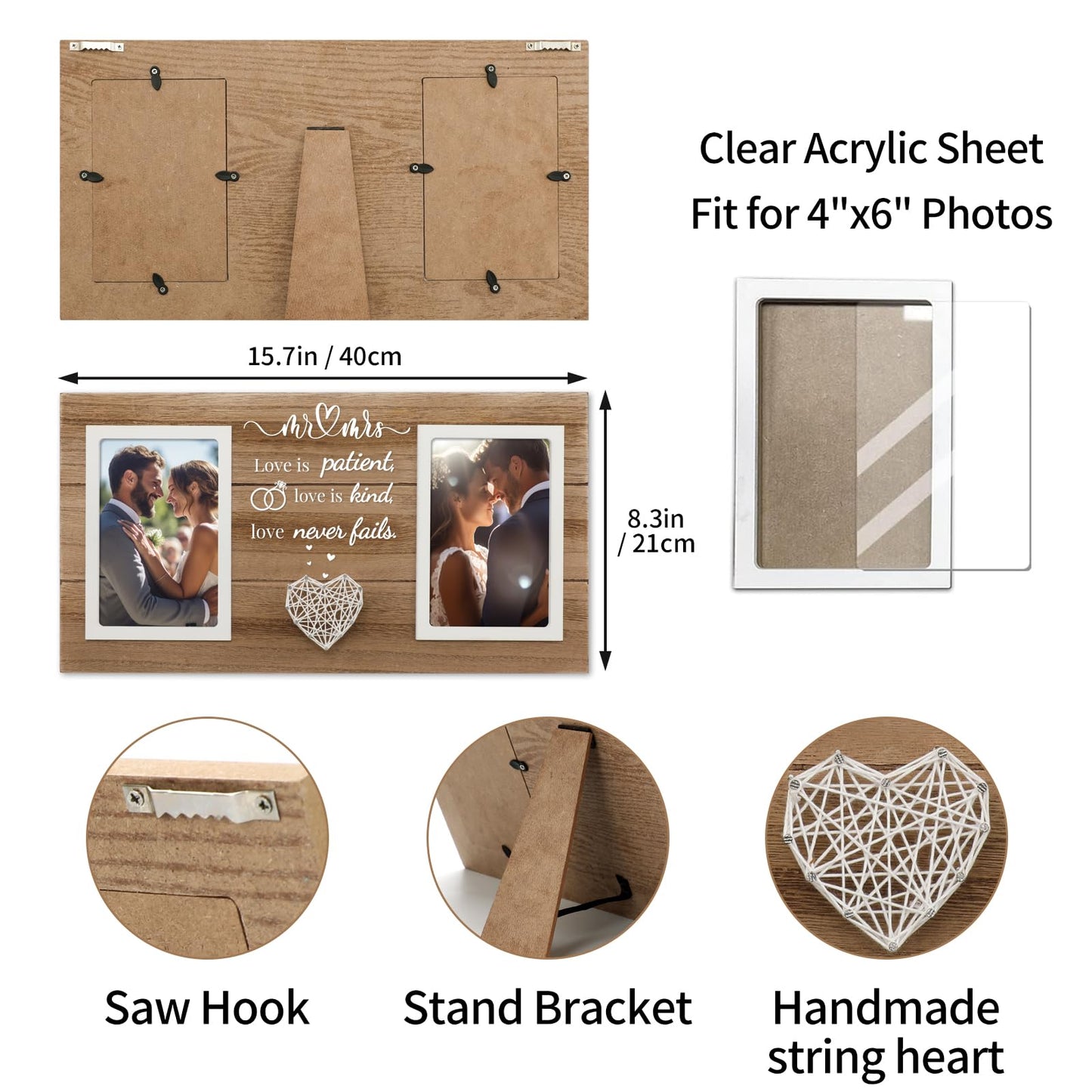 SOUHONEY Wedding Gifts for Couples 2026, Bridal Shower Gifts for Bride to Be, Wedding Picture Frame for Couple - Double 4x6 Pictures Frame - Wooden Couples Newlyweds Picture Frame with Heart Mr& Mrs