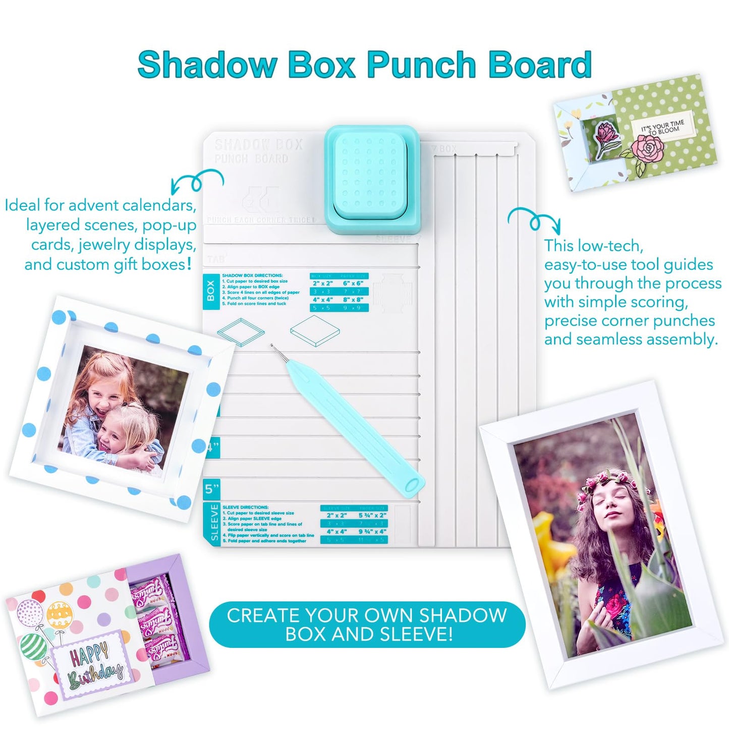 BAOFALI Shadow Box Punch Board for DIY Making 2" 3" 4" 5" Shadow Boxes and Sleeves, Shadow Box Punches Boards with Scoring Tool for DIY Crafting Scrapbooking Holiday Cards Photo