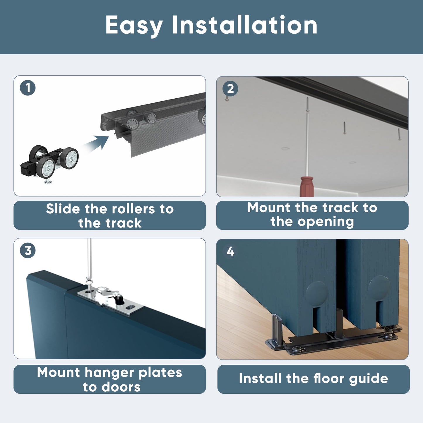 JUBEST 8FT Heavy Duty Bypass Door Hardware with Finger Pulls,Sturdy Aluminum Sliding Closet Door Track for 2 door System,Quietly and Smoothly,Fit Door Thickness 1 3/8" or 1 3/4",Easy to Install, Black