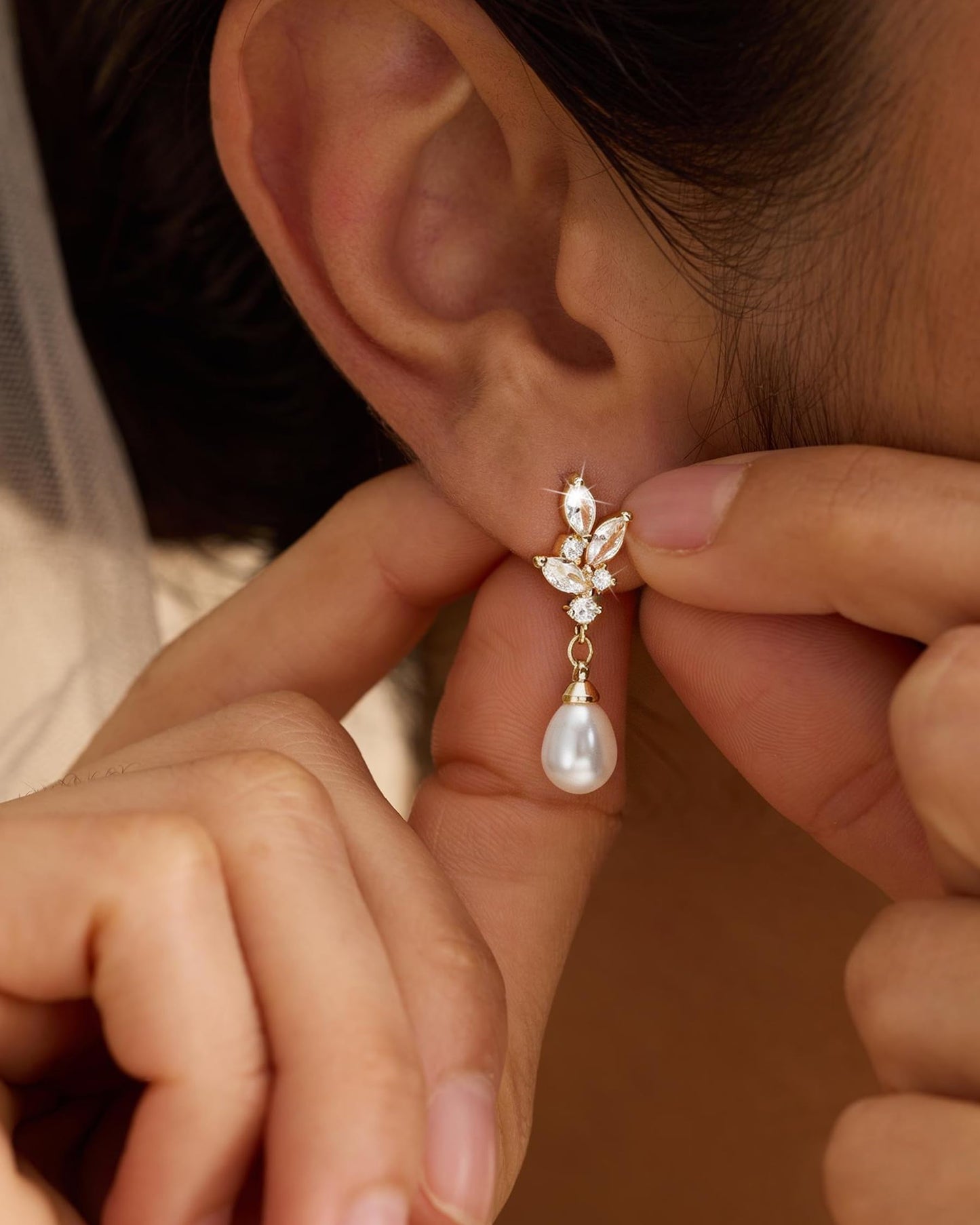 Gold Pearl Dangle Earrings for Women Trendy - 14K Gold Plated Brides Drop Dangle Cubic Zirconia Elegant Prom Bridal Bridesmaids Wedding Anniversary Dangling Jewelry